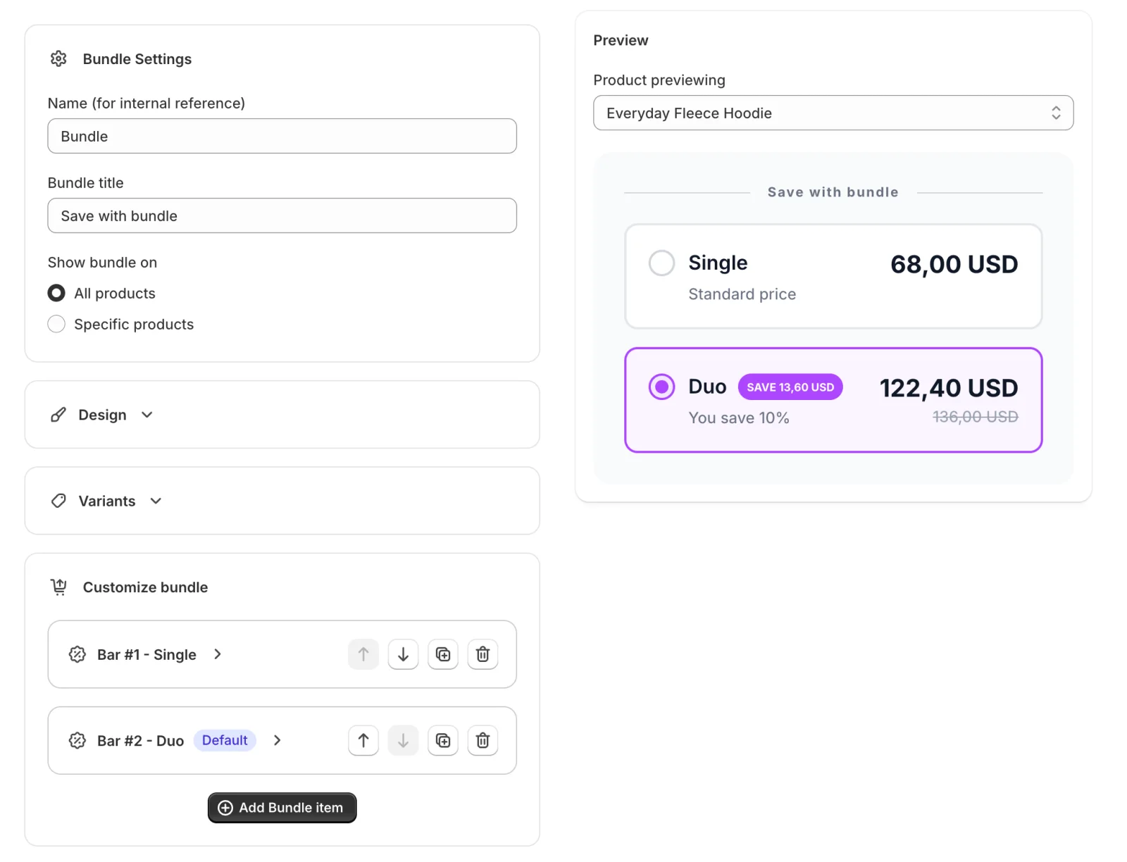 The Enthemed Bundles builder in the Shopify admin: bundle settings and tier list on the left, and a live preview on the right showing a Single and a Duo tier with a 10% saving.