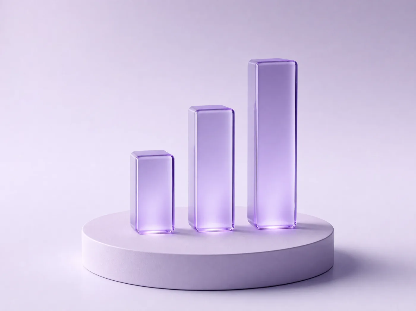 Three ascending violet glass bars on a lavender plinth, like an abstract bar chart.