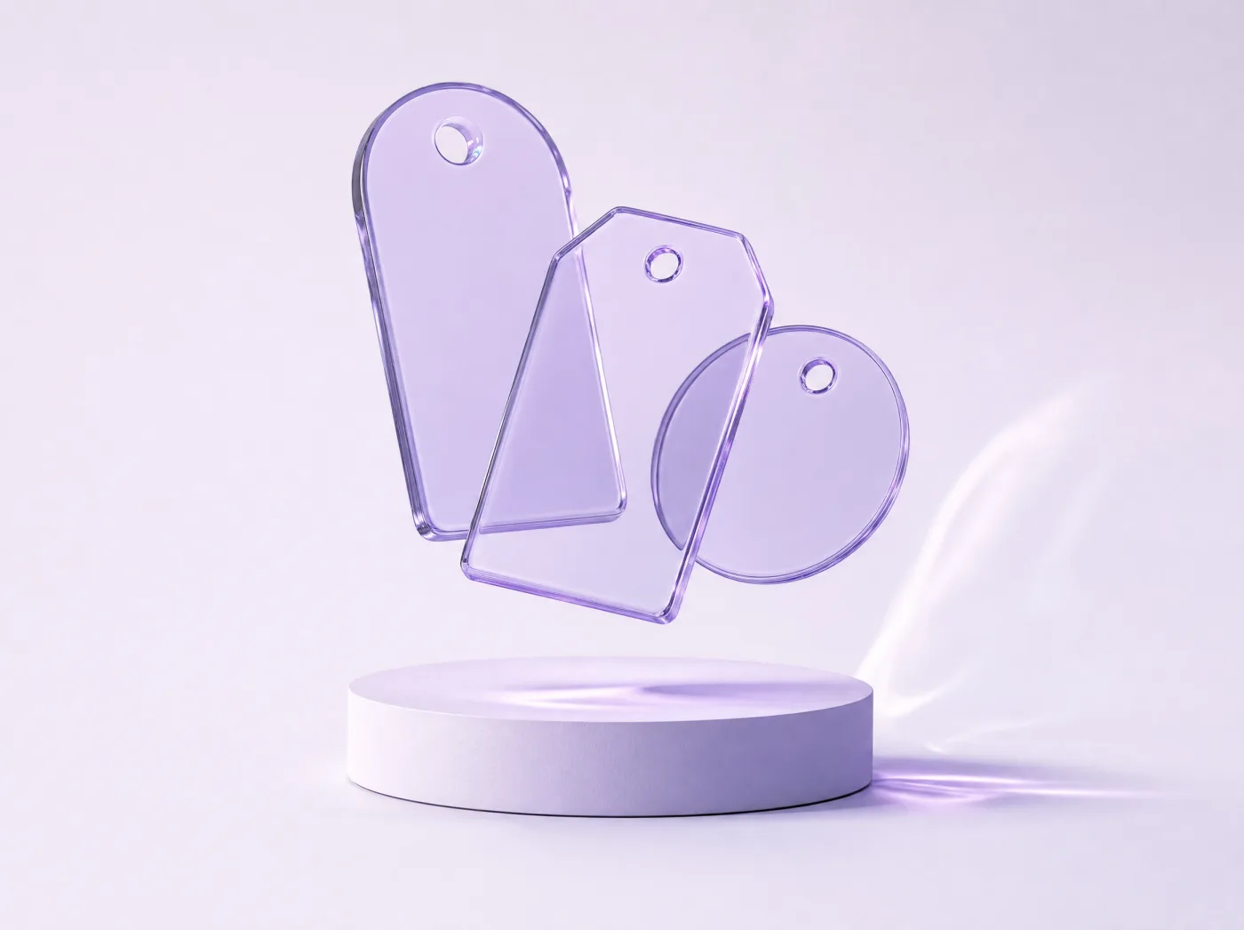 Three translucent violet glass price tags floating above a lavender studio plinth.