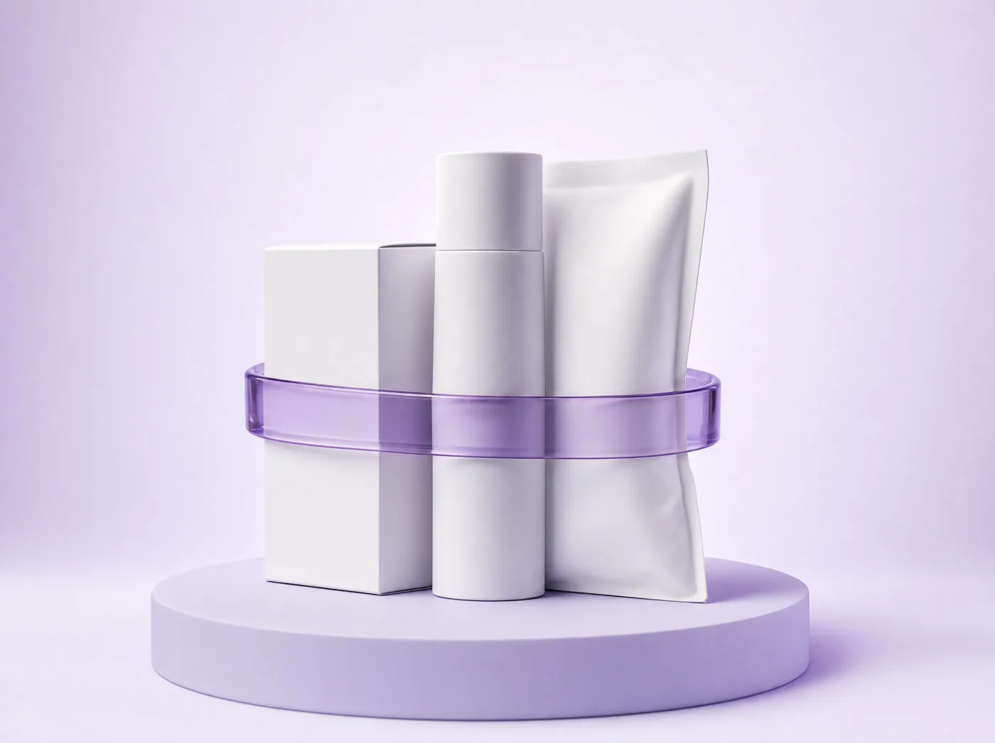 A white box, bottle and pouch grouped together inside a violet glass band on a lavender plinth.