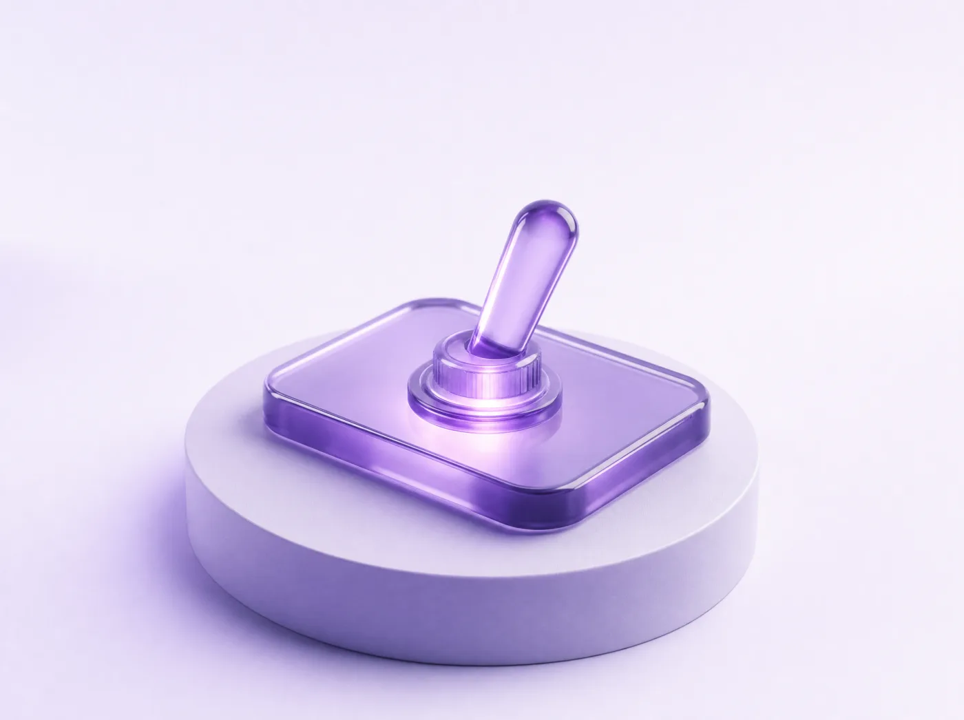 An oversized violet glass toggle switch clicked to the on position on a lavender plinth.