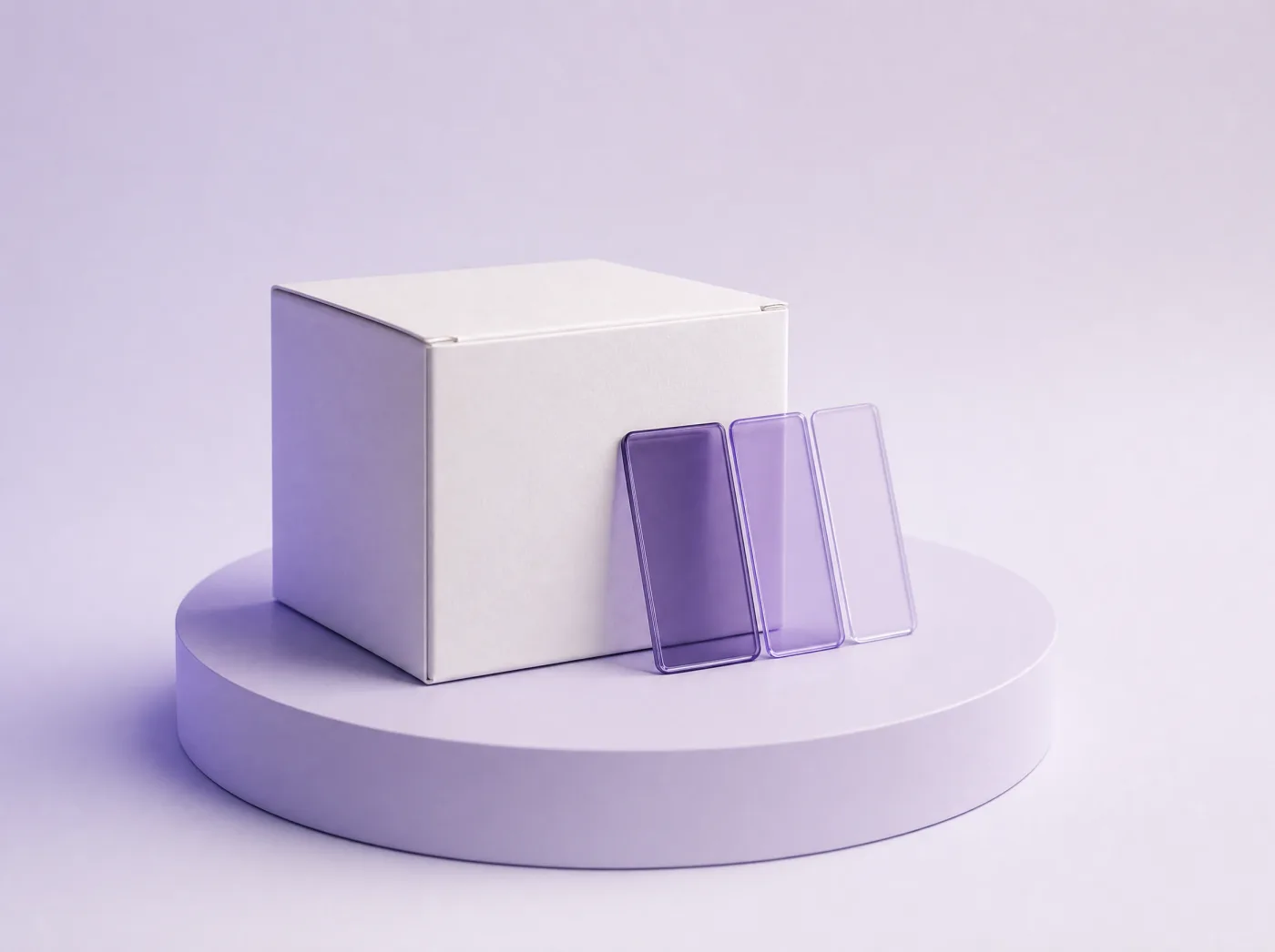 A white box on a lavender plinth with three violet glass colour swatch chips leaning against it.