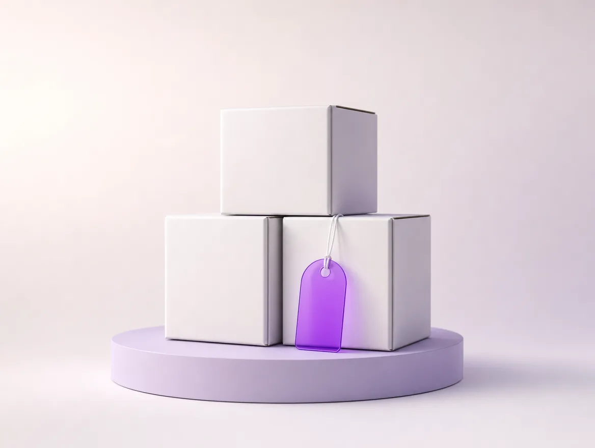 Three white boxes stacked in a pyramid with a violet glass price tag.