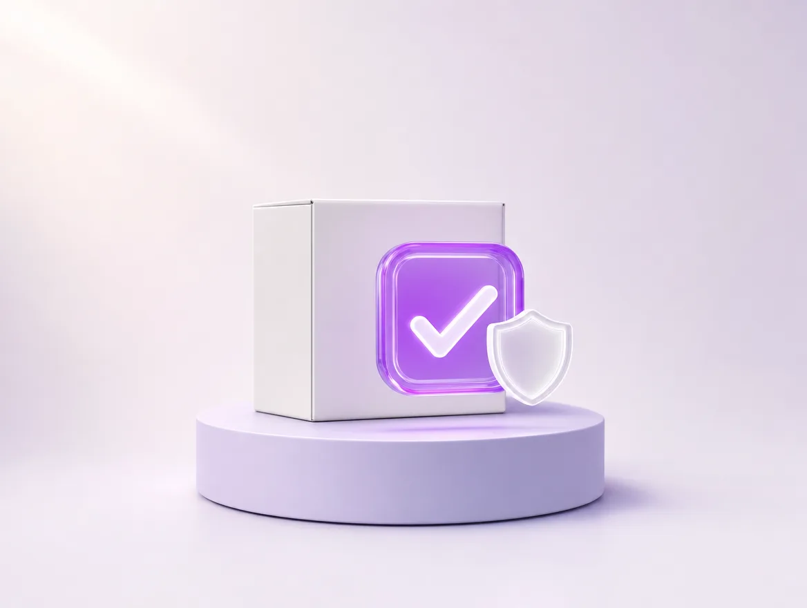 A white box beside a glowing violet glass checkbox and a small shield.