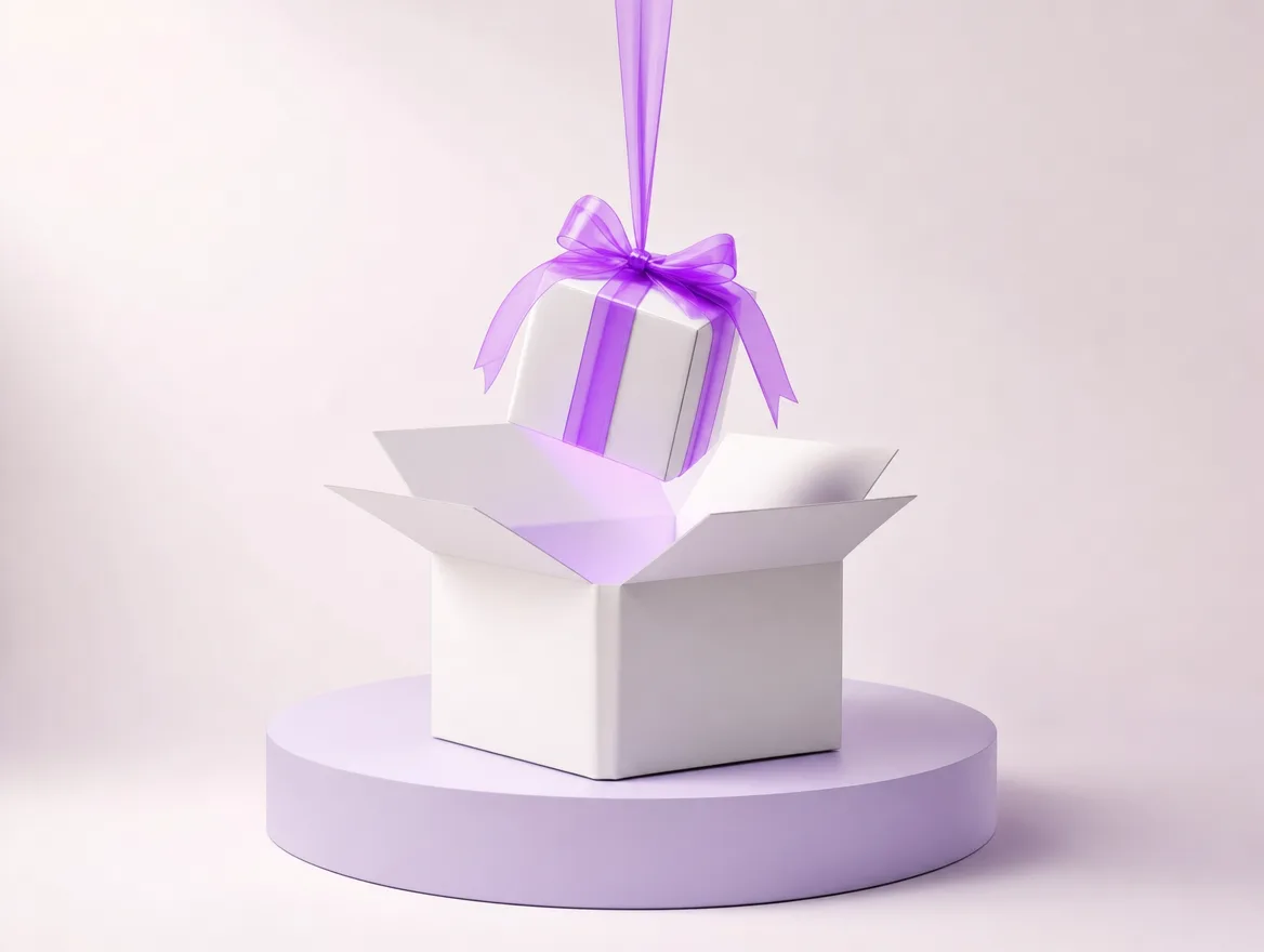 An open white parcel with a smaller box tied in violet ribbon dropping into it.