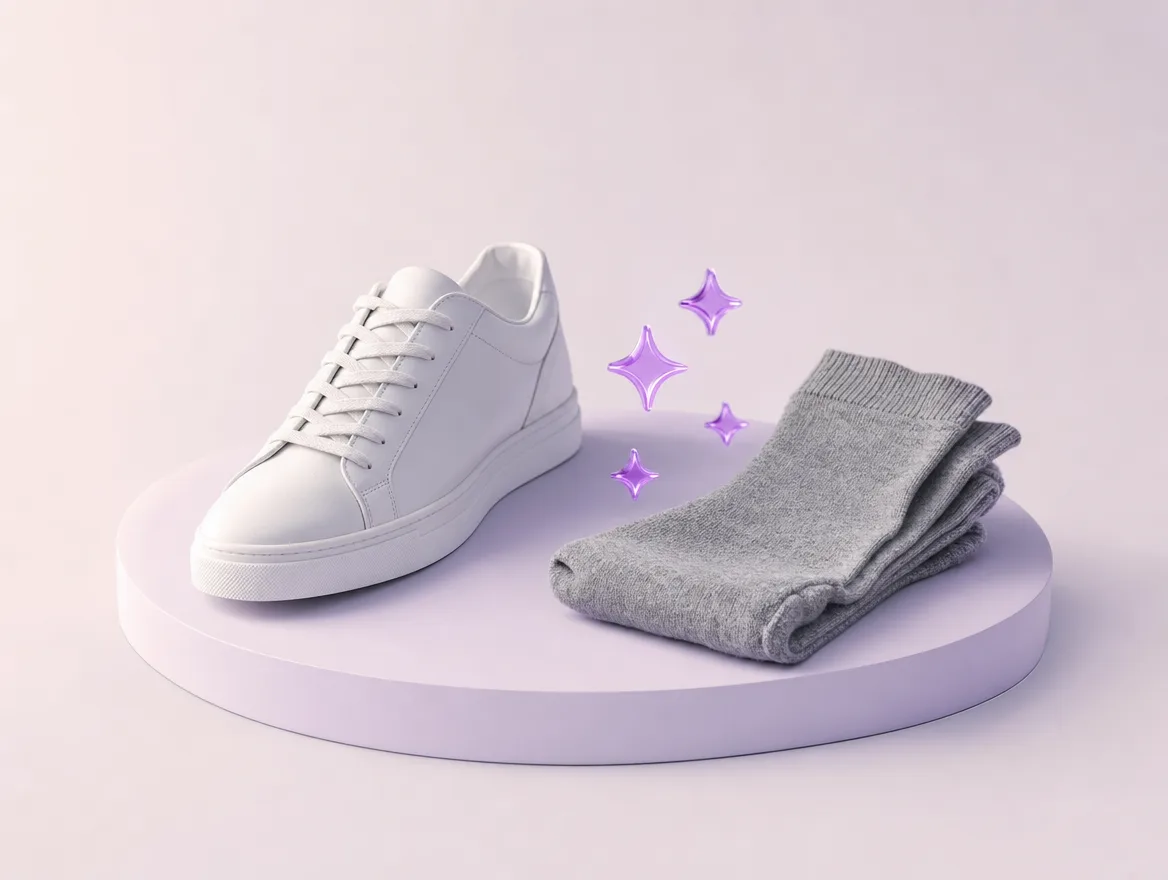 A white sneaker next to folded wool socks with small violet glass sparkles between them.