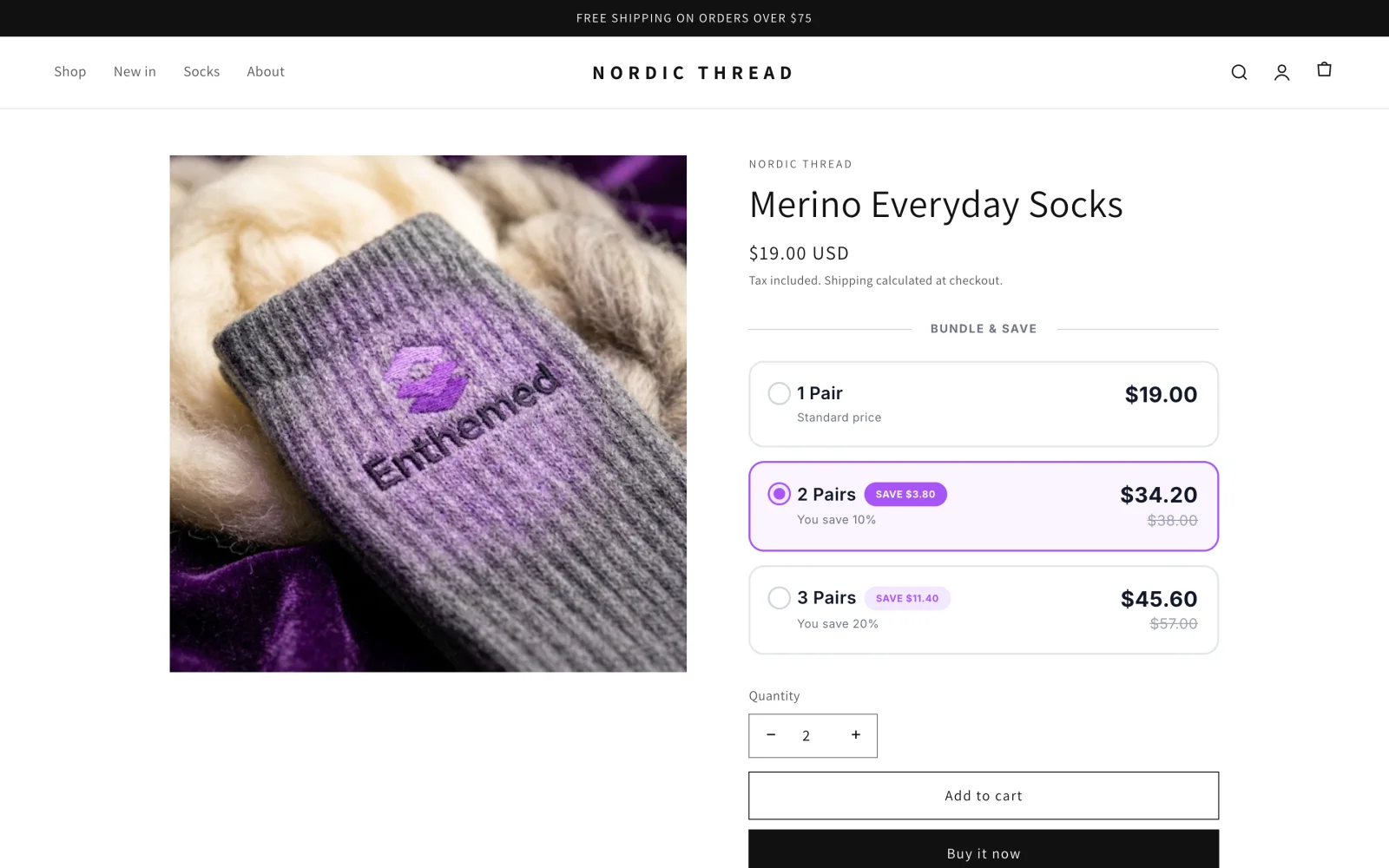 A product page for Merino Everyday Socks with the Enthemed Bundles widget offering 1, 2 or 3 pairs, with 2 pairs selected.