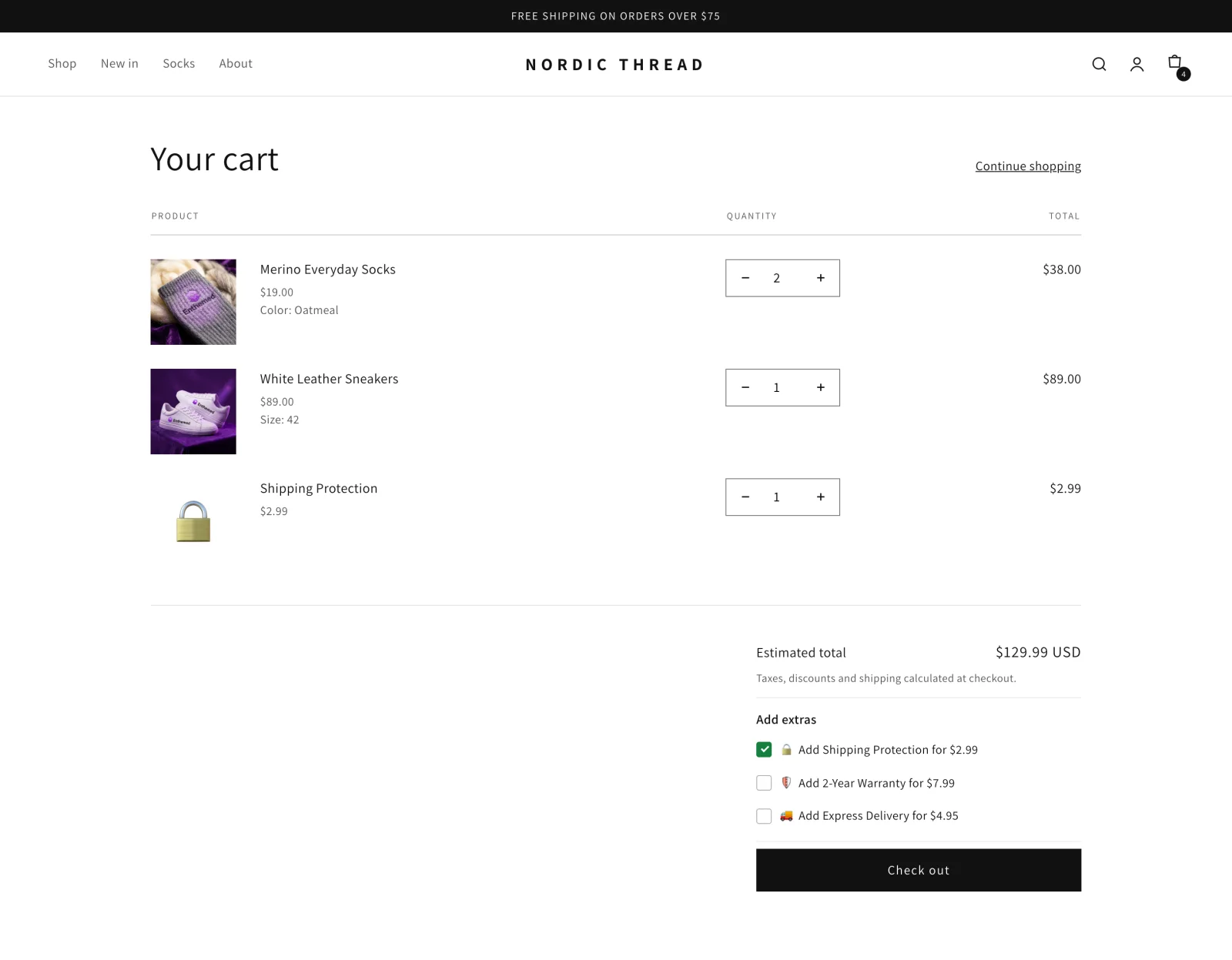 A cart page with Shipping Protection ticked under Add extras, next to the checkout button.