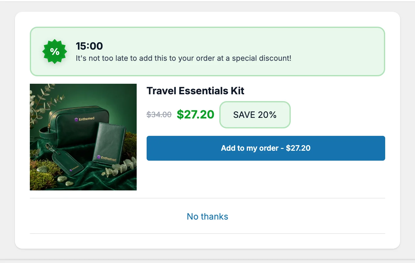 A post-purchase offer for a Travel Essentials Kit at 20% off with an Add to my order button and a 15 minute timer.
