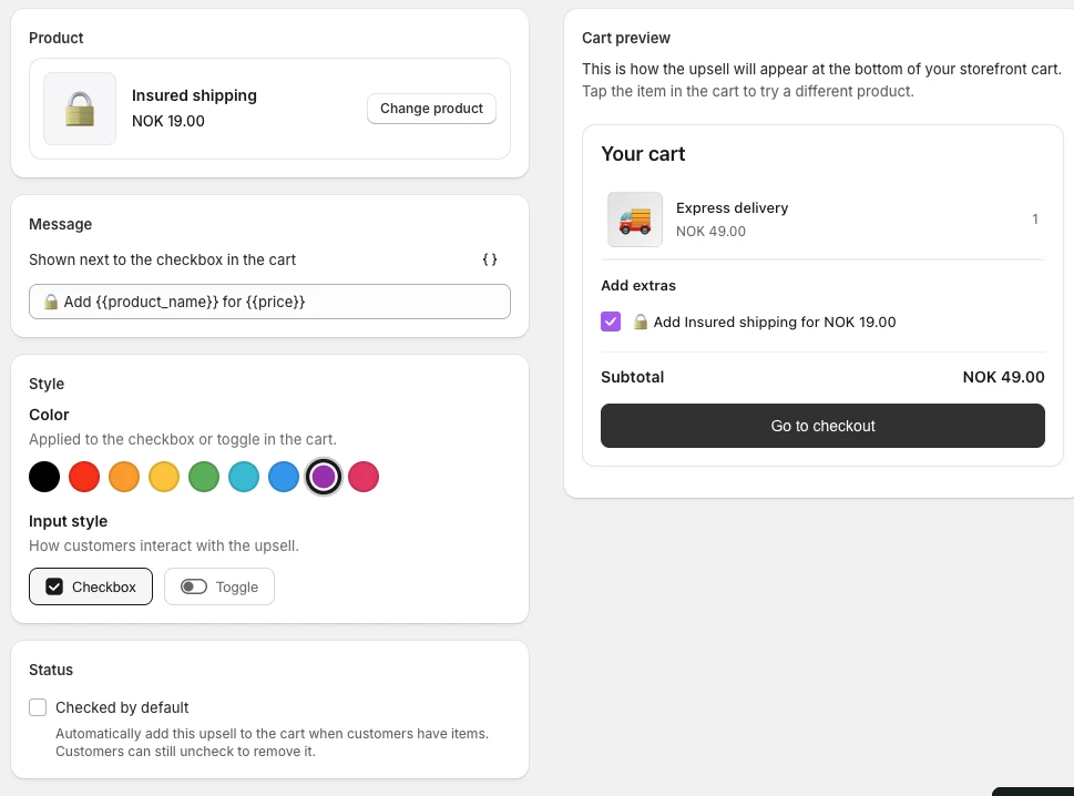The Enthemed One Tick Upsell editor in the Shopify admin: the chosen product, a message field reading "Add {{product_name}} for {{price}}", nine colour swatches, a checkbox-or-toggle choice, and a live cart preview showing the offer under an "Add extras" heading.