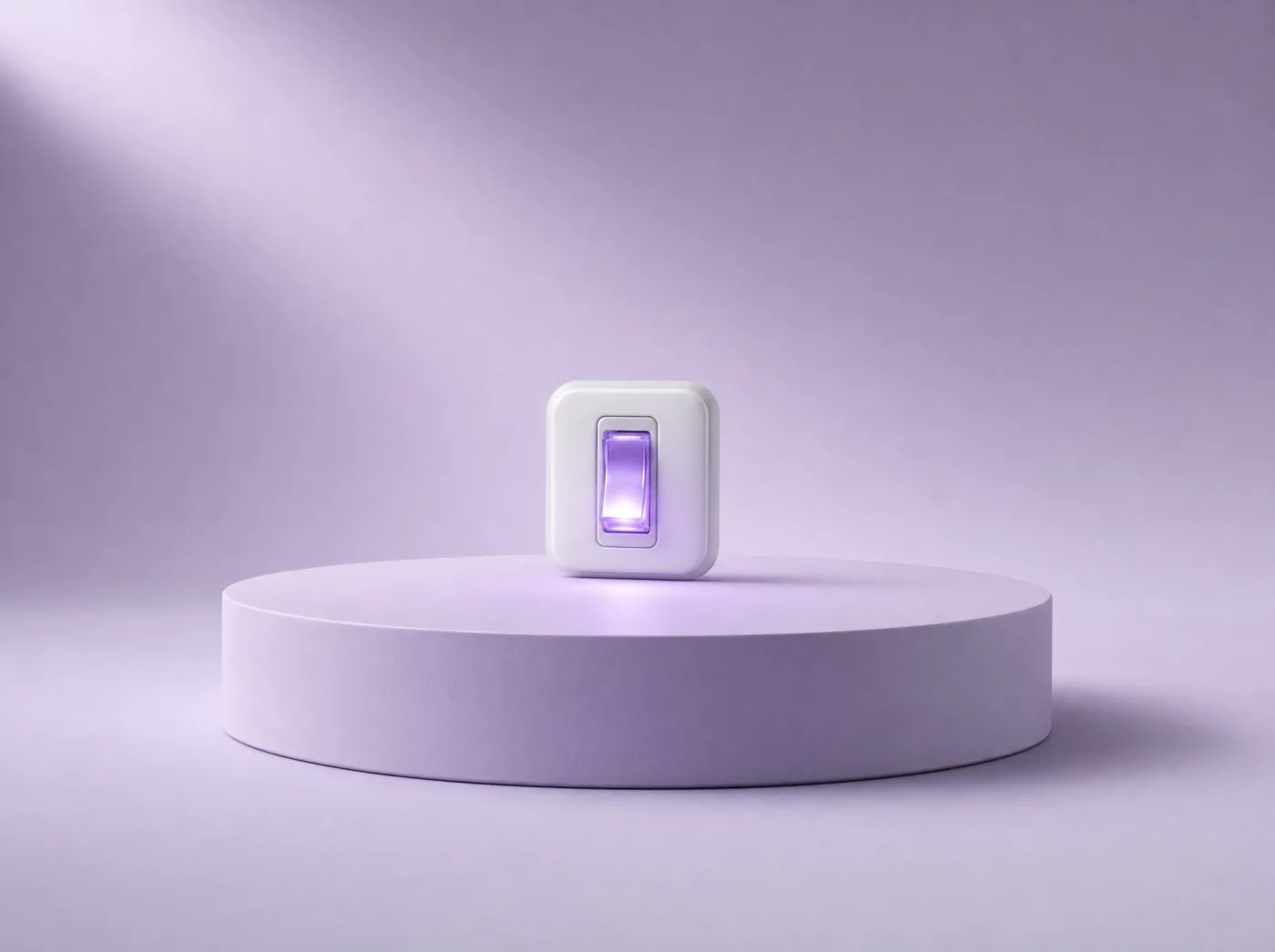 A white switch plate holding a glowing violet glass rocker switch, flipped on, standing on a lavender plinth.