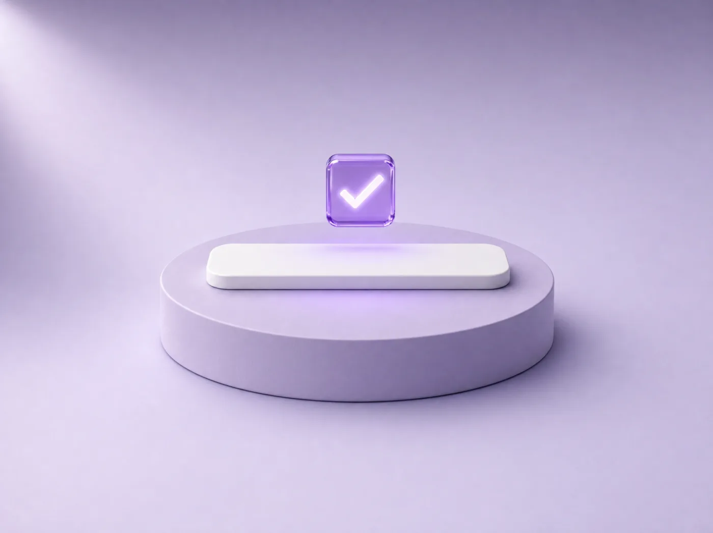 A glowing violet glass tick hovering directly above a long white button resting on a lavender plinth.