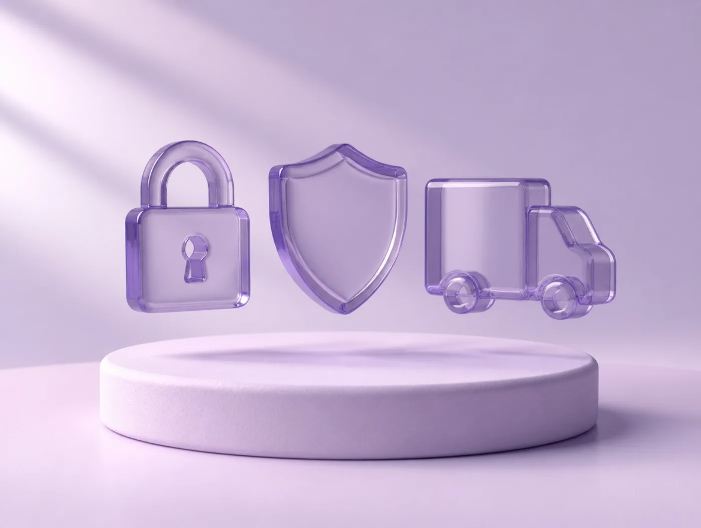 A violet glass padlock, shield and delivery van floating above a lavender studio plinth.