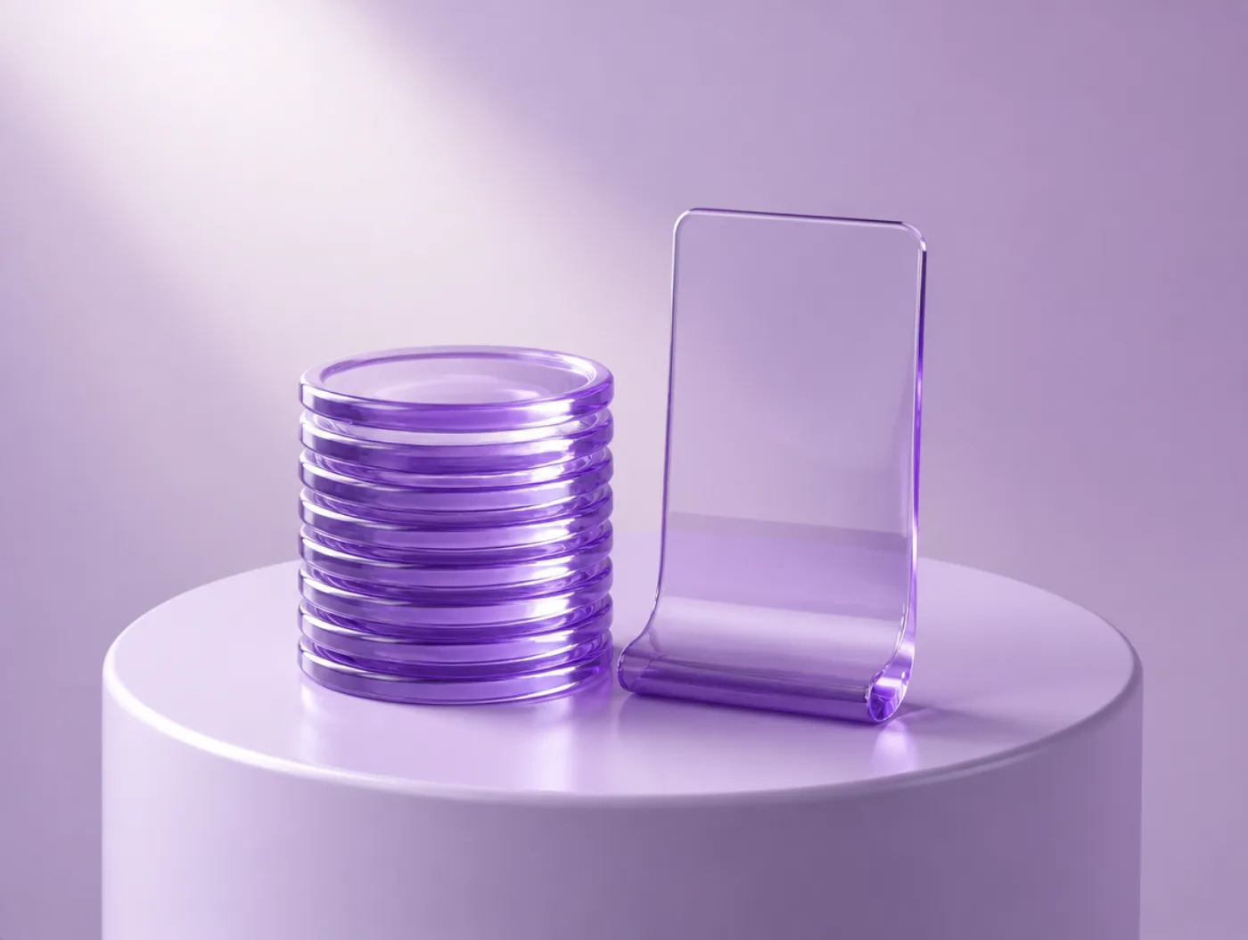 A stack of violet glass discs beside an upright violet glass receipt on a lavender plinth.