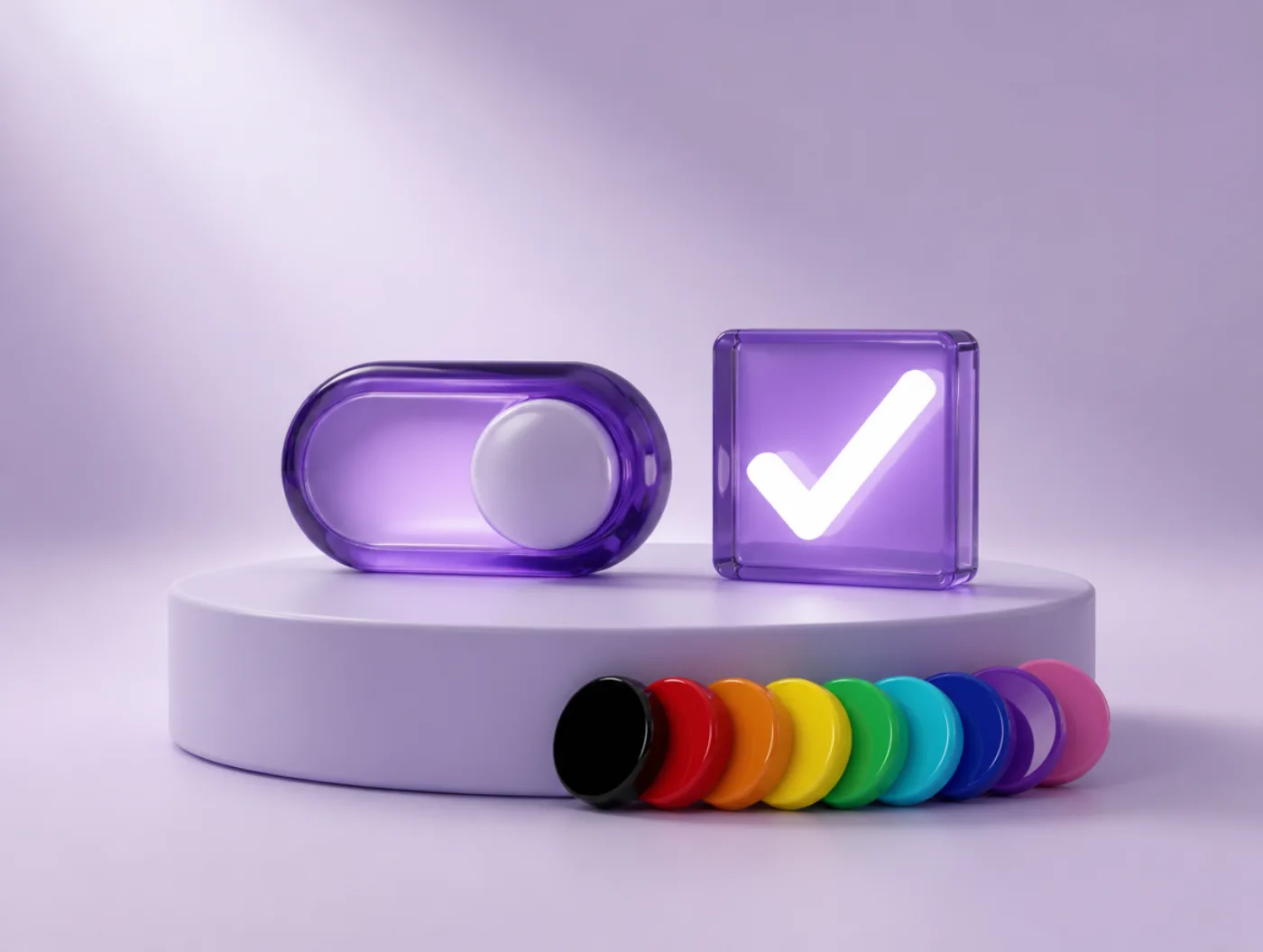 A violet glass toggle switch and a violet glass checkbox on a lavender plinth, with a fan of nine coloured chips leaning against it.