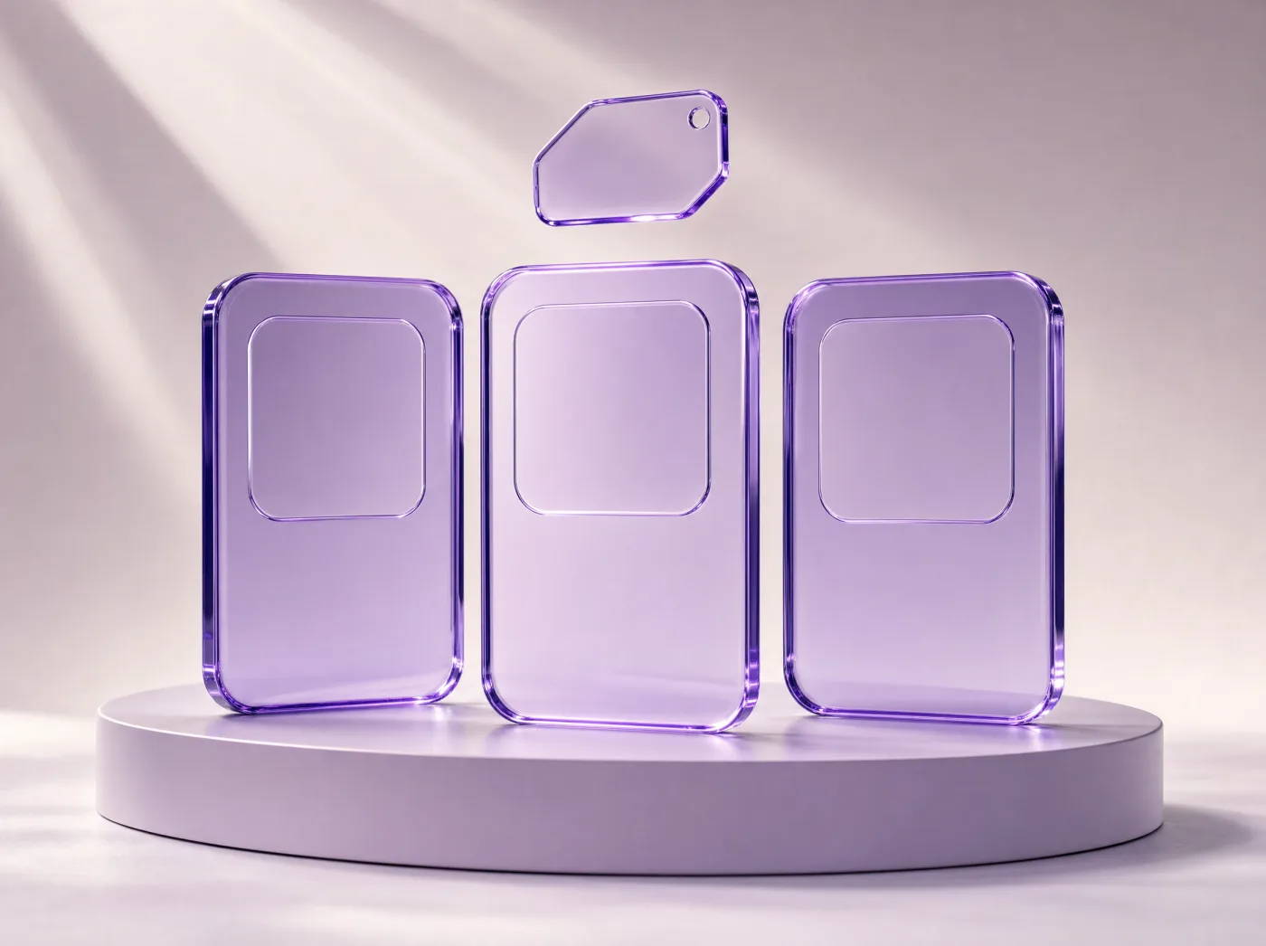 Three upright violet glass cards standing side by side on a lavender plinth, each holding an empty rounded inset, with a violet glass price tag floating above the middle one.