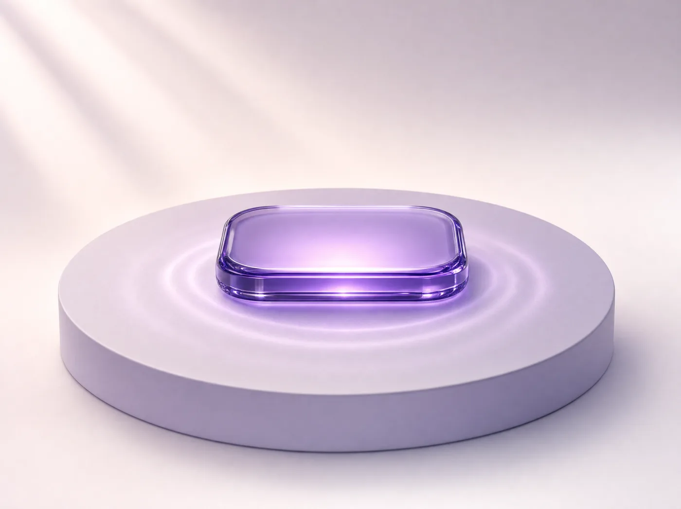 A single wide rounded button of violet glass lying face up on a lavender plinth, glowing, with one ripple of light spreading across the plinth.
