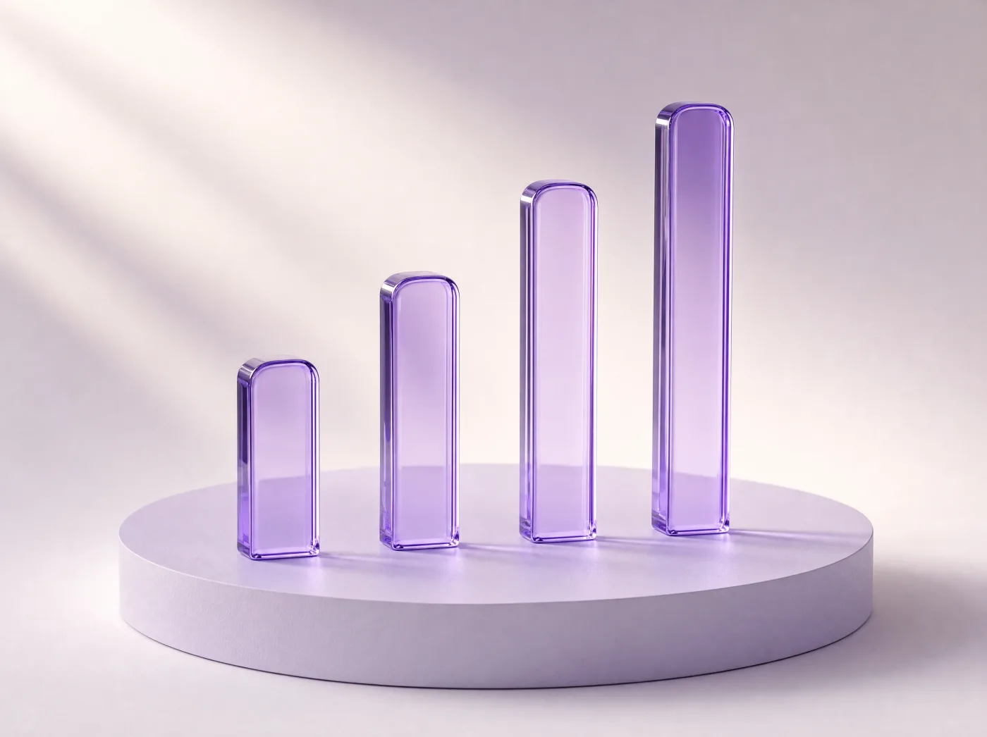 Four slim bars of violet glass of increasing height standing in a row on a lavender plinth, glowing softly.