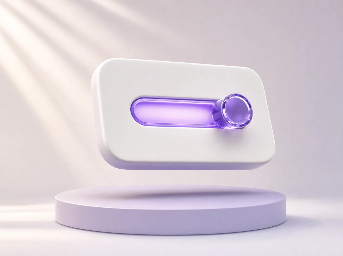 A white panel floating above a lavender plinth with a long pill-shaped violet glass toggle set into its face, switched on and glowing.
