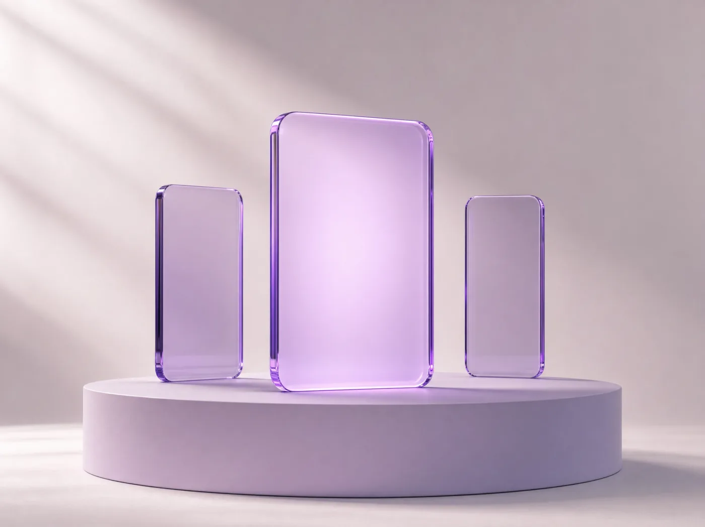 Three upright panels of violet glass in a row on a lavender plinth, the middle one larger, stepped forward and lit brighter than the other two.