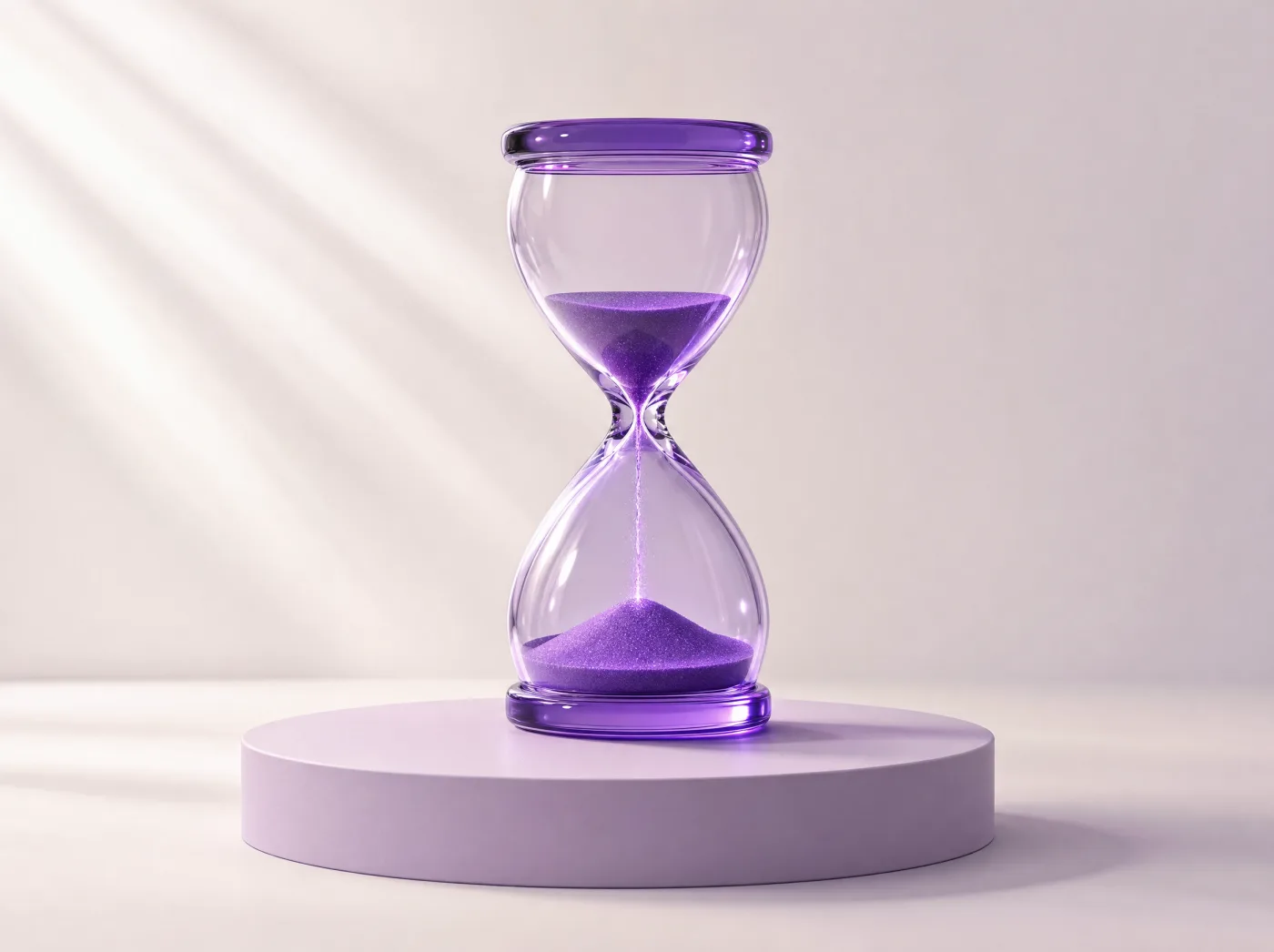 An hourglass of violet glass standing on a lavender plinth, caught mid-flow with glowing violet sand falling through its waist.