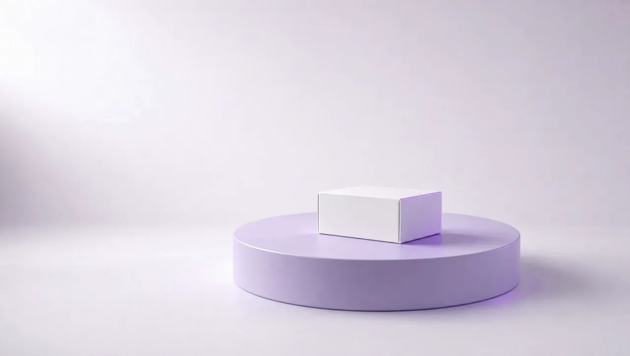 A white product box on a lavender studio plinth beside a large violet glass checkbox with a glowing tick, with violet glass shield, padlock and delivery van emblems settled in a row.