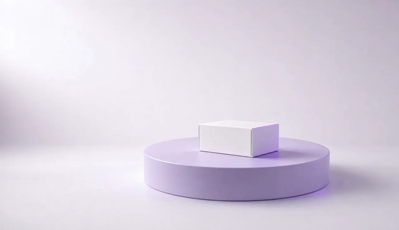 A plain white product box closed on a lavender studio plinth, with a violet glass check mark hovering above it.